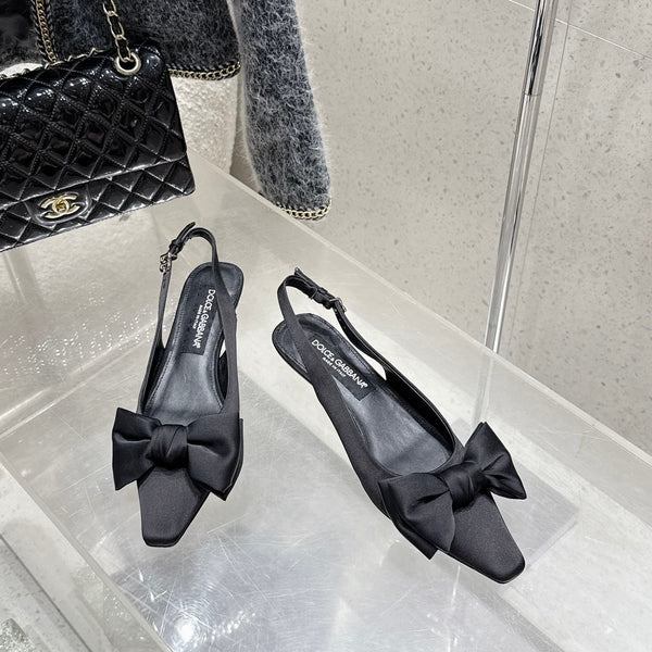 DC Bow Slingback Pumps 30mm Black Satin & Sheepskin 359511