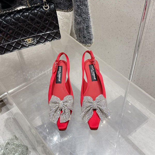 DC 25 Rhinestone Bow Slingback Pumps 40mm Red Silk & Sheepskin Sheepskin 359512