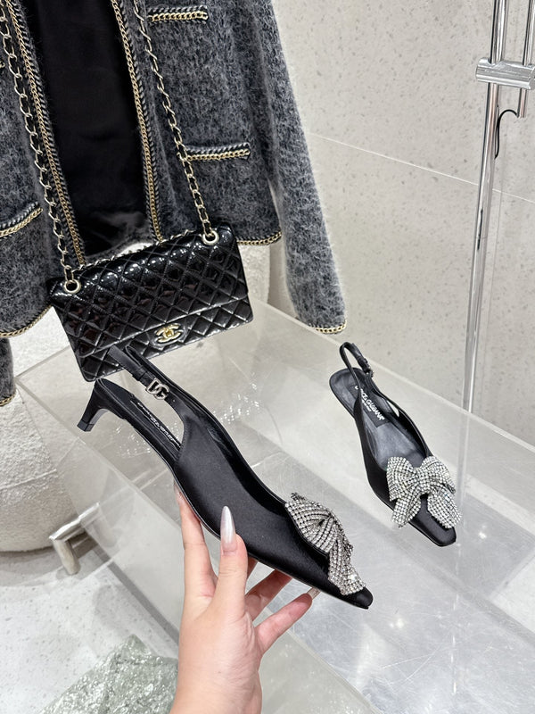 DC 25 Rhinestone Bow Slingback Pumps 40mm Black Silk & Sheepskin 359513