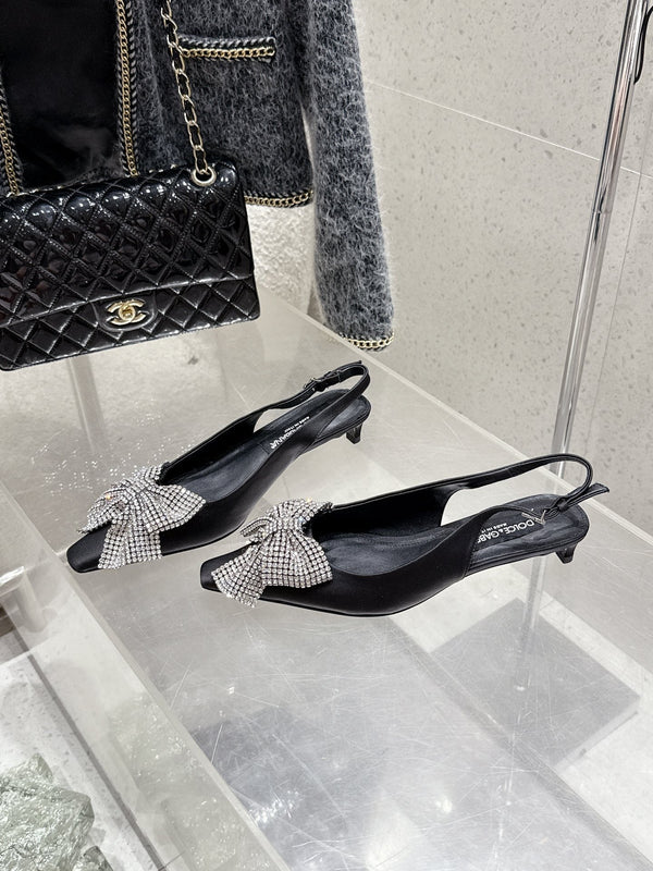 DC 25 Rhinestone Bow Slingback Pumps 40mm Black Silk & Sheepskin 359513