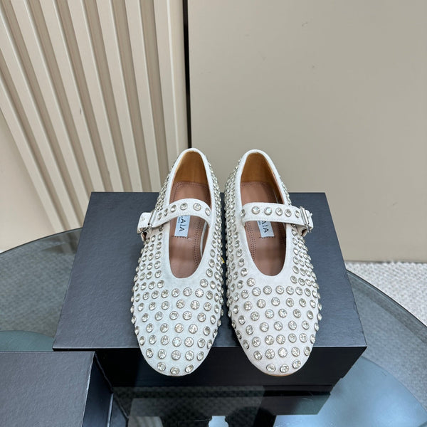 Alaia Strass Suede Ballet Flats In White 999322