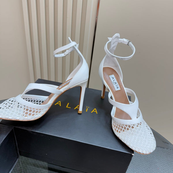Alaia Fishnet Thong Heels Sandals White Lambskin 299659