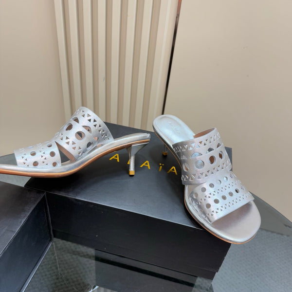Alaia Vienne Cutout Kitten-Heel Slide Sandals Silver Sheepskin 299664