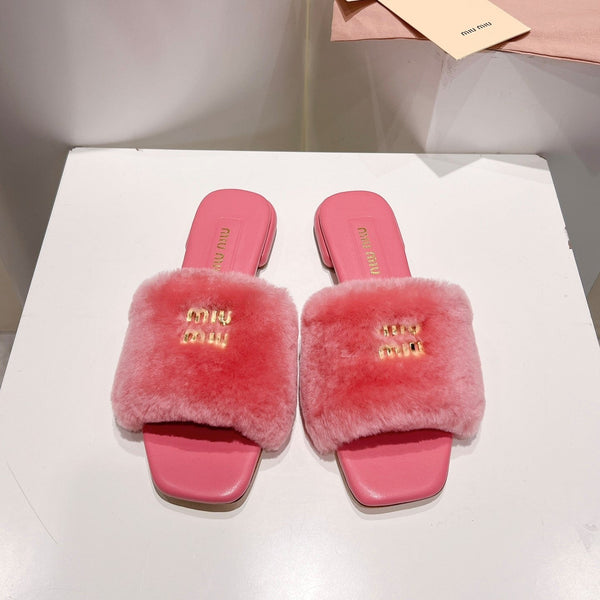 Miu Slides Hot Pink Leather Fur 739563