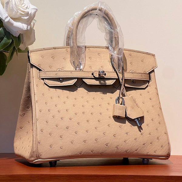 KELLY SELLIER 25 BAG IN CAMEL BEIGE OSTRICH LEATHER WITH SILVER HARDWARE (MADE - TO - ODER)