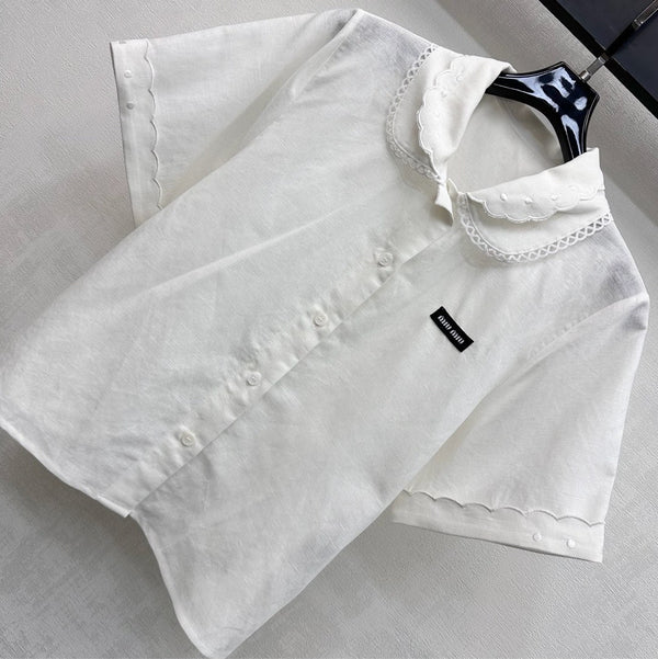 Miu SS26 Set Scalloped-Collar Shirt A-line Skirt White Cotton Linen 351916