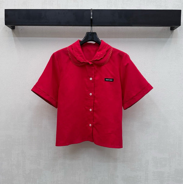 Miu SS26 Set Scalloped-Collar Shirt A-line Skirt Red Cotton Linen 351911