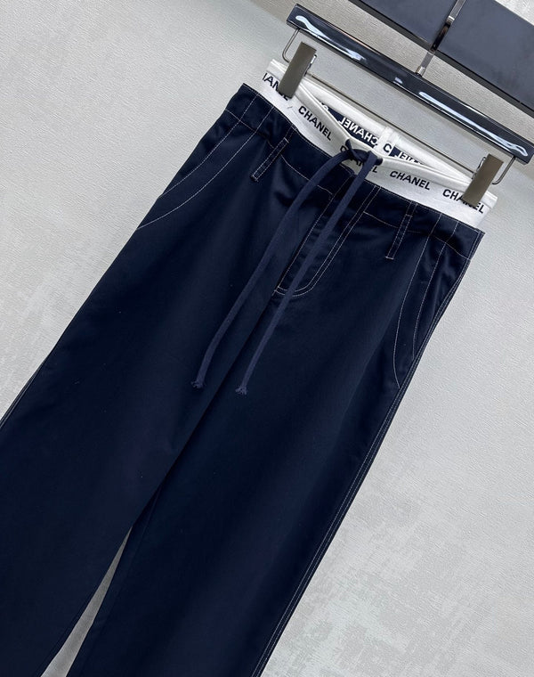 CC Drawstring Webbing Trousers Dark Navy Cotton Tencel 350184