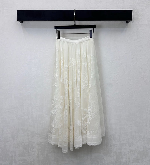 CD Lace Mesh Midi Skirt Ivory Polyester 350177