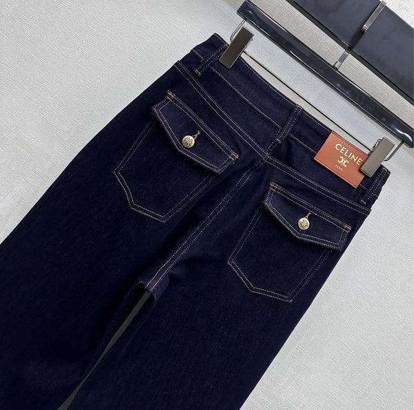 Celine Logo Straight-Leg Jeans Dark Blue Polyester Cotton 351743
