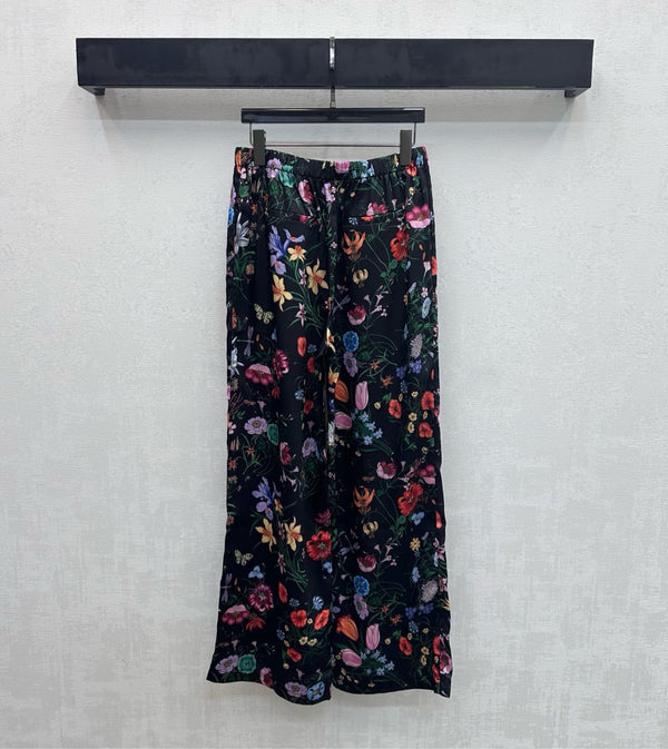 GG SS26 Printed Straight Leg Trousers Black Multicolor Silk 351694