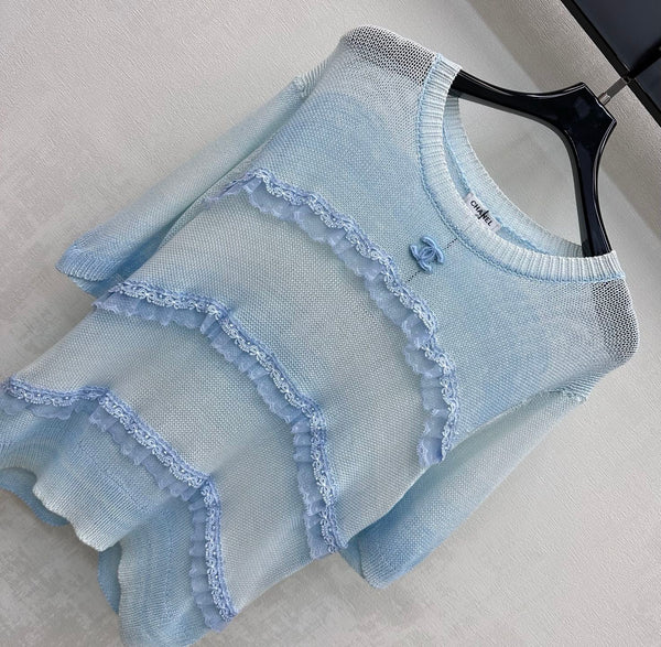 CC 26s Short-Sleeve Knit Top Light Blue Wool Polyester 378338