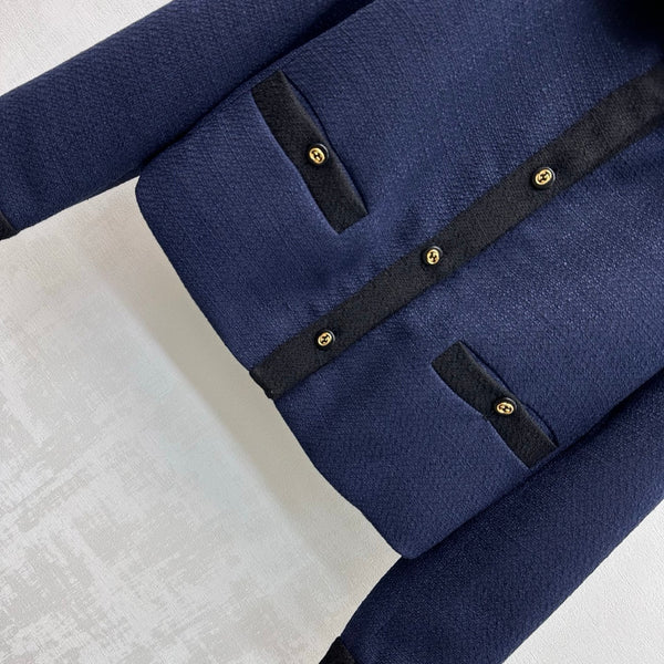 GG 26s Tweed Jacket Contrast Trim Gold Buttons Navy Blue Polyester Rayon 427681