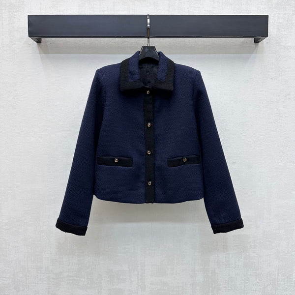 GG 26s Tweed Jacket Contrast Trim Gold Buttons Navy Blue Polyester Rayon 427681