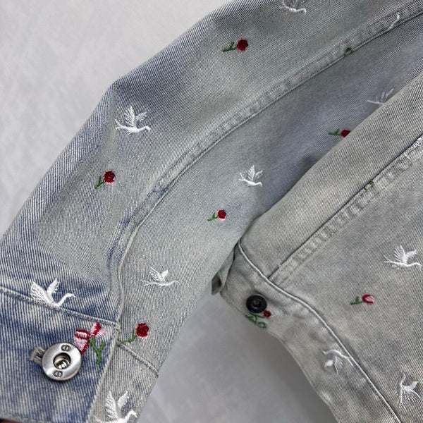 CD 26s Bird Floral Embroidered Denim Jacket Corduroy Collar Light Grey Cotton 427659
