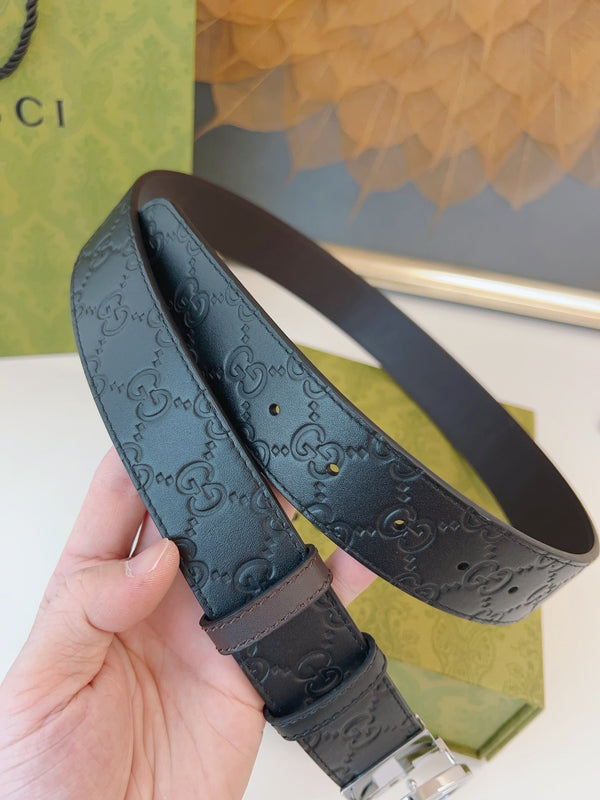 Gucci Supreme Belt Shiny Sliver Buckle 37mm Black Embossed Leather