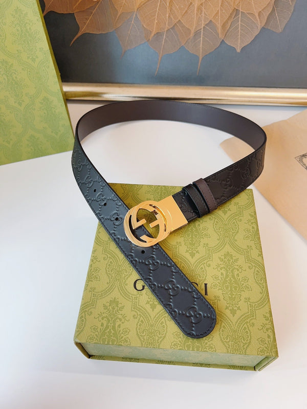 Gucci Supreme Belt Gold Buckle 37mm Black Embossed Leather