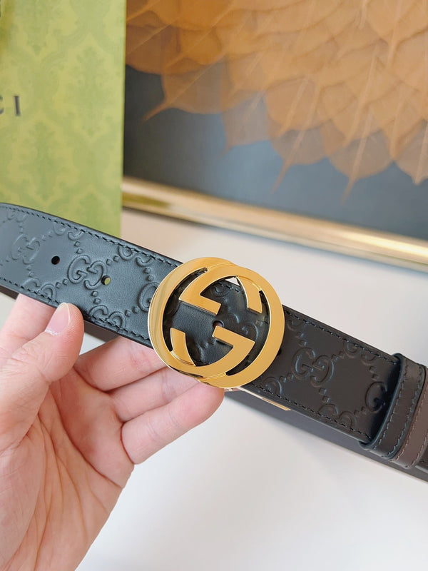 Gucci Supreme Belt Gold Buckle 37mm Black Embossed Leather