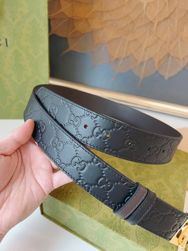 Gucci Supreme Belt Gold Buckle 37mm Black Embossed Leather