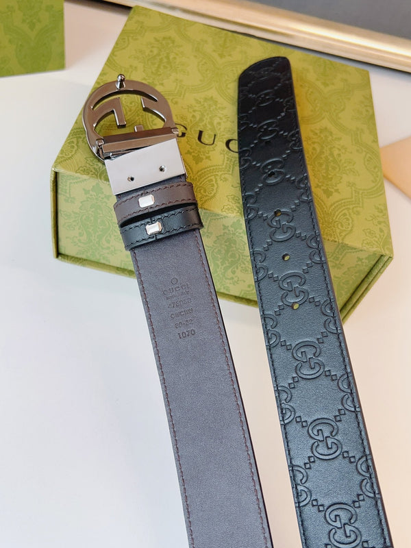 Gucci Supreme Belt Blunt Copper Buckle 37mm Black Embossed Leather