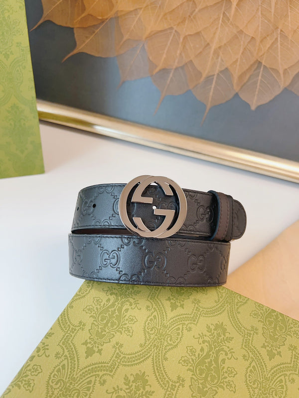 Gucci Supreme Belt Blunt Copper Buckle 37mm Black Embossed Leather