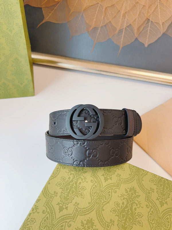 Gucci Supreme Belt Black Buckle 37mm Black Embossed Leather