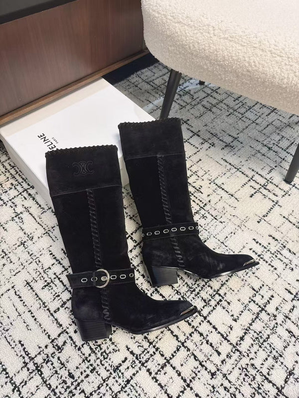 CE 26S Western Buckle Jumping Boots 4.5cm Black Suede 118190