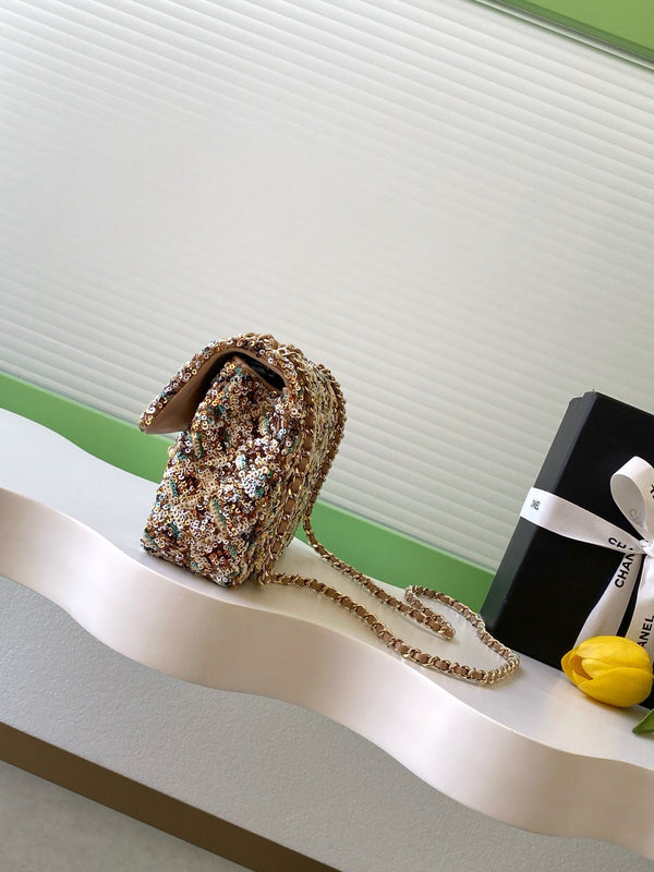 Chanel 2025 Flap Bag 21cm Beige mix Colors Sequin Leather 320284