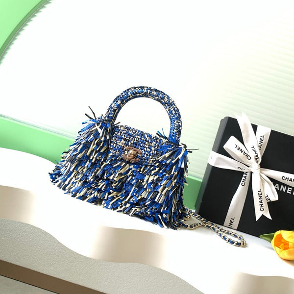 CC 2026 Top Handle Bag 19cm Blue White Raffia Fringe 292256