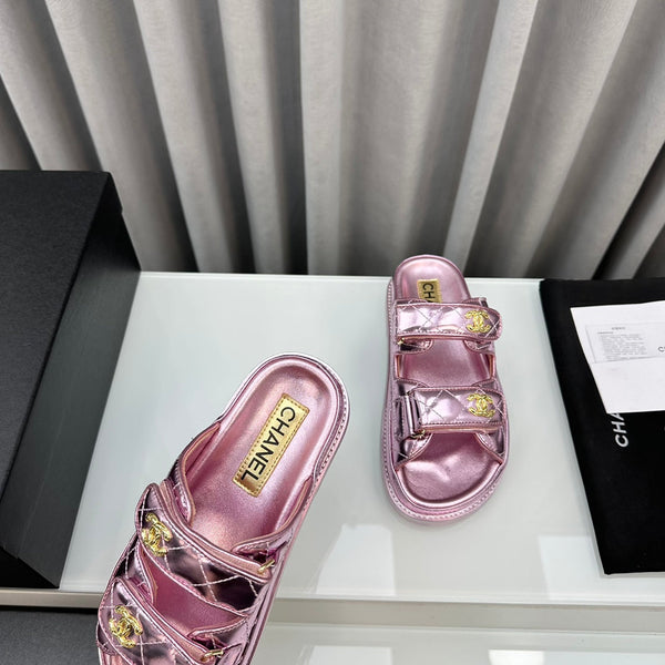 dad sandals pink metalic lambskin mules