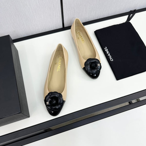 ballet flat flower cream calfskin black patent calfskin