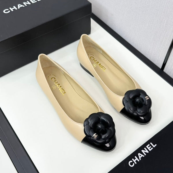 ballet flat flower cream calfskin black patent calfskin