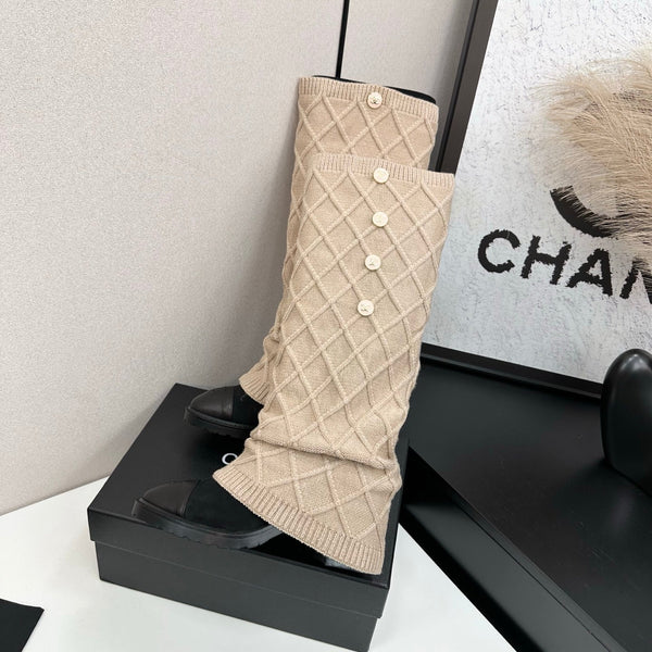 CC 26s Diamond Knit Buttoned Long Boots Black Beige Calfskin Knit 985769