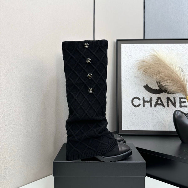 CC 26s Diamond Knit Buttoned Long Boots Black Calfskin Knit 985770