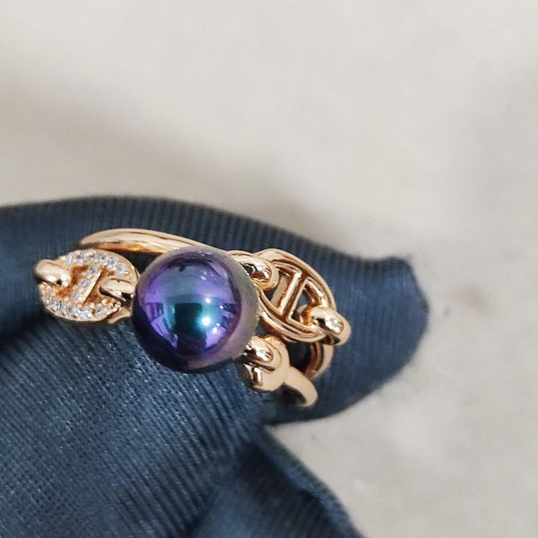 HM Pig Nose Black Pearl Rose Gold Ring