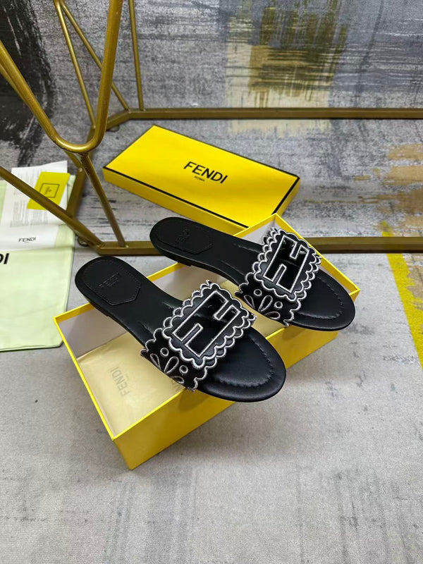FF  Baguette Slides Embroidered Black Nappa Leather 826561