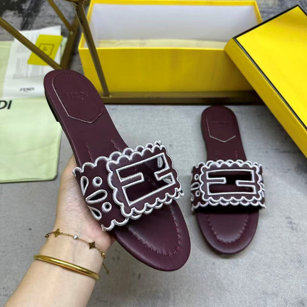 FF Baguette Slides Embroidered Burgundy Nappa Leather 826562