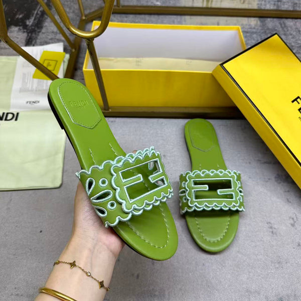 FF Baguette Slides Embroidered Green Nappa Leather 826566