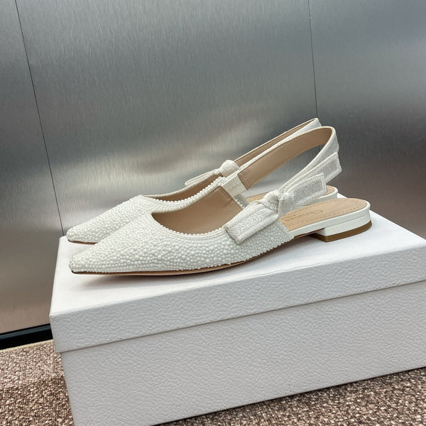 cd slingback flat embroidered cotton white calfskin resin pearl