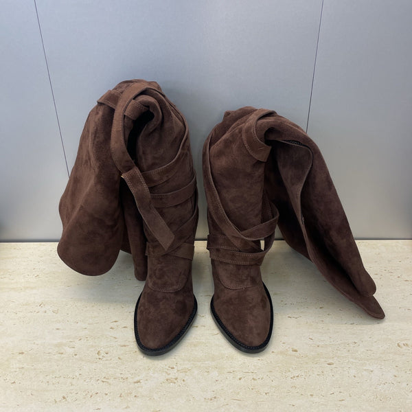 YSL Janis Long Boots 95mm Coffee Suede 551941