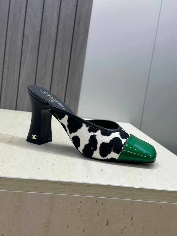 CC Square Toe Color-Blocked Mule 9cm Teal Green Horsehair Patent Leather 830459
