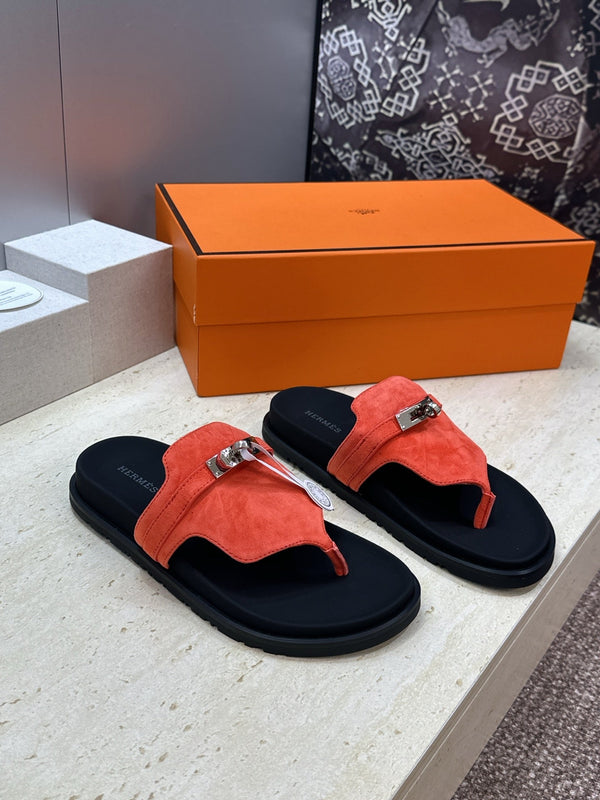 HM 26S Empire Sandal In Coral Orange Suede Silver Hardware