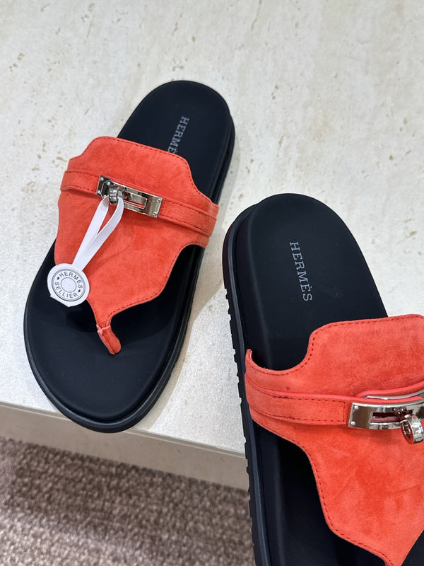 HM 26S Empire Sandal In Coral Orange Suede Silver Hardware
