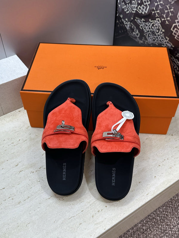 HM 26S Empire Sandal In Coral Orange Suede Silver Hardware