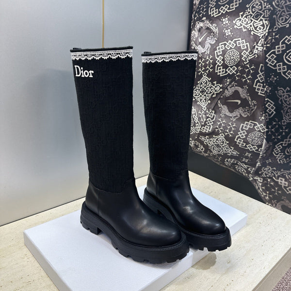CD 26s Knee High Boots 3cm Black Oblique Canvas Leather 118454