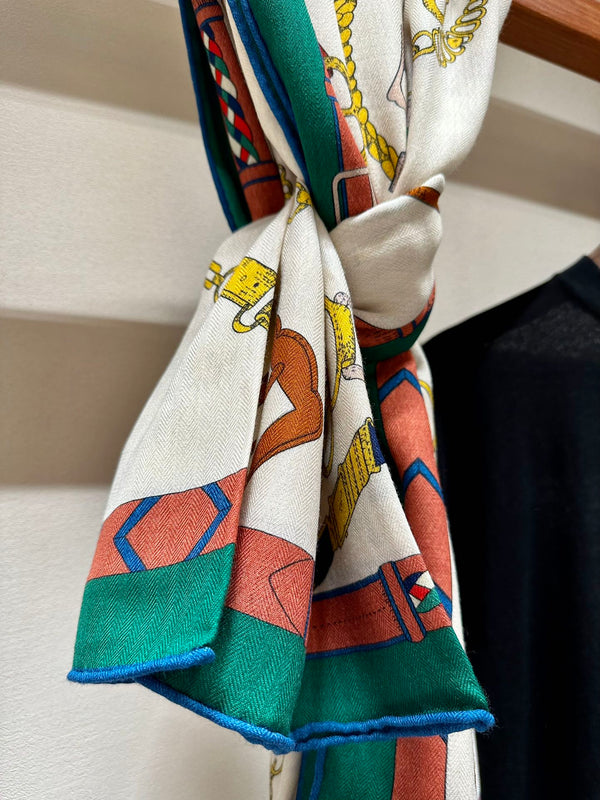 Chevaux Dechaines Shawl 135 CM IN Green Colorful Cashmere Silk 373684