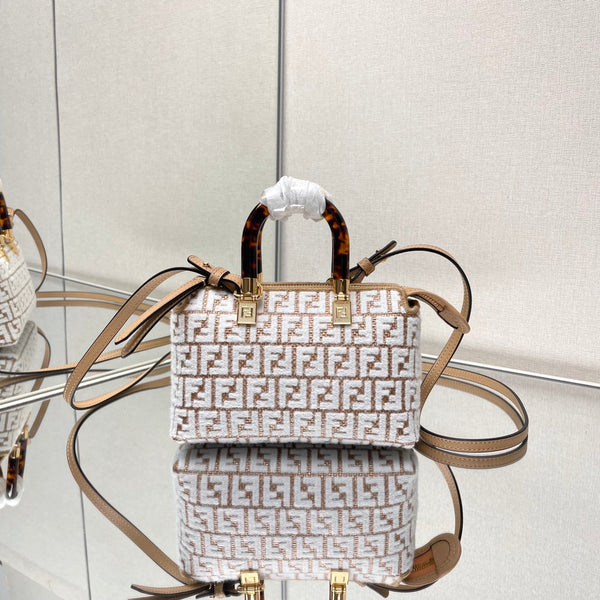 BY THE WAY MINI 21 IN WHITE WOOL AND CAMEL BROWN RAFFIA CALFSKIN TRIM