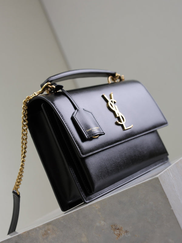 YSL Sunset Handbags 25cm Black Cowhide