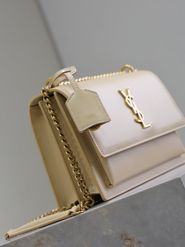 YSL Medium Sunset Shoulder Bag 22cm Beige Cowhide GHW