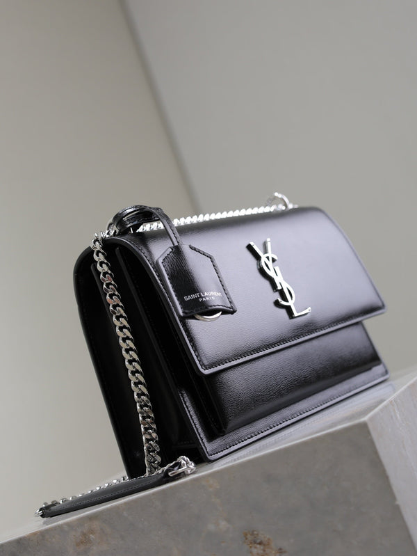 YSL Medium Sunset Shoulder Bag 22cm Black Cowhide Sliver HW